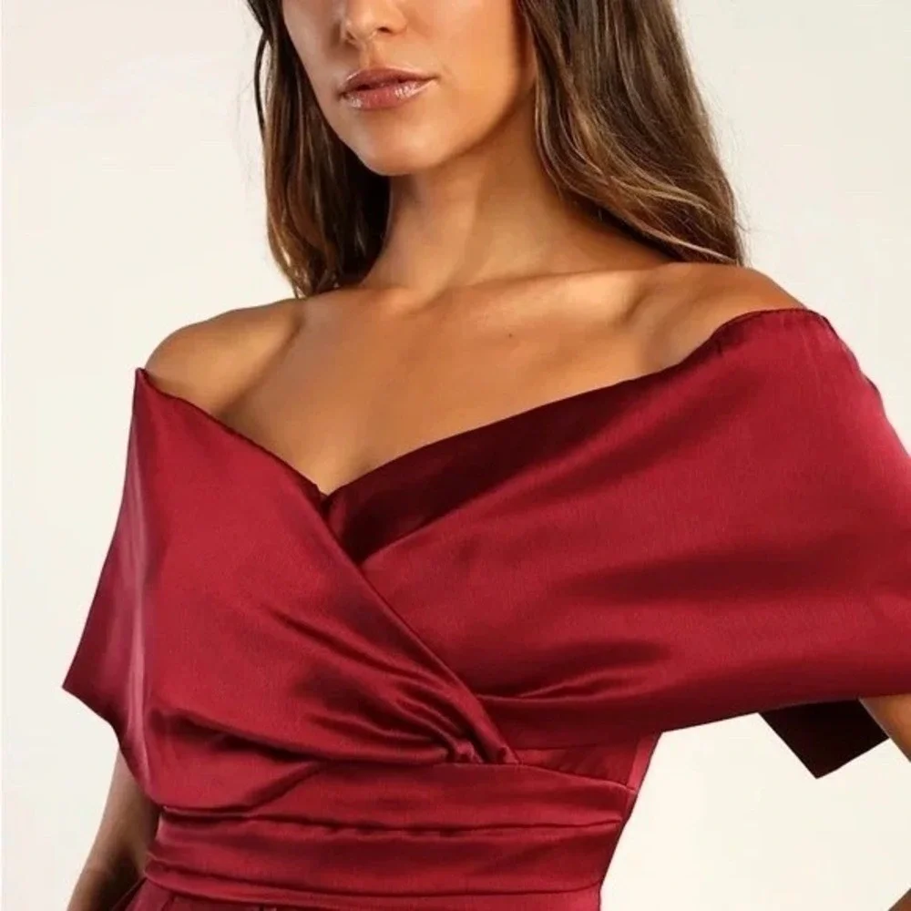 Lulus Always Celebrating Burgundy Satin Off-The-Shoulder Mini Dress Size M